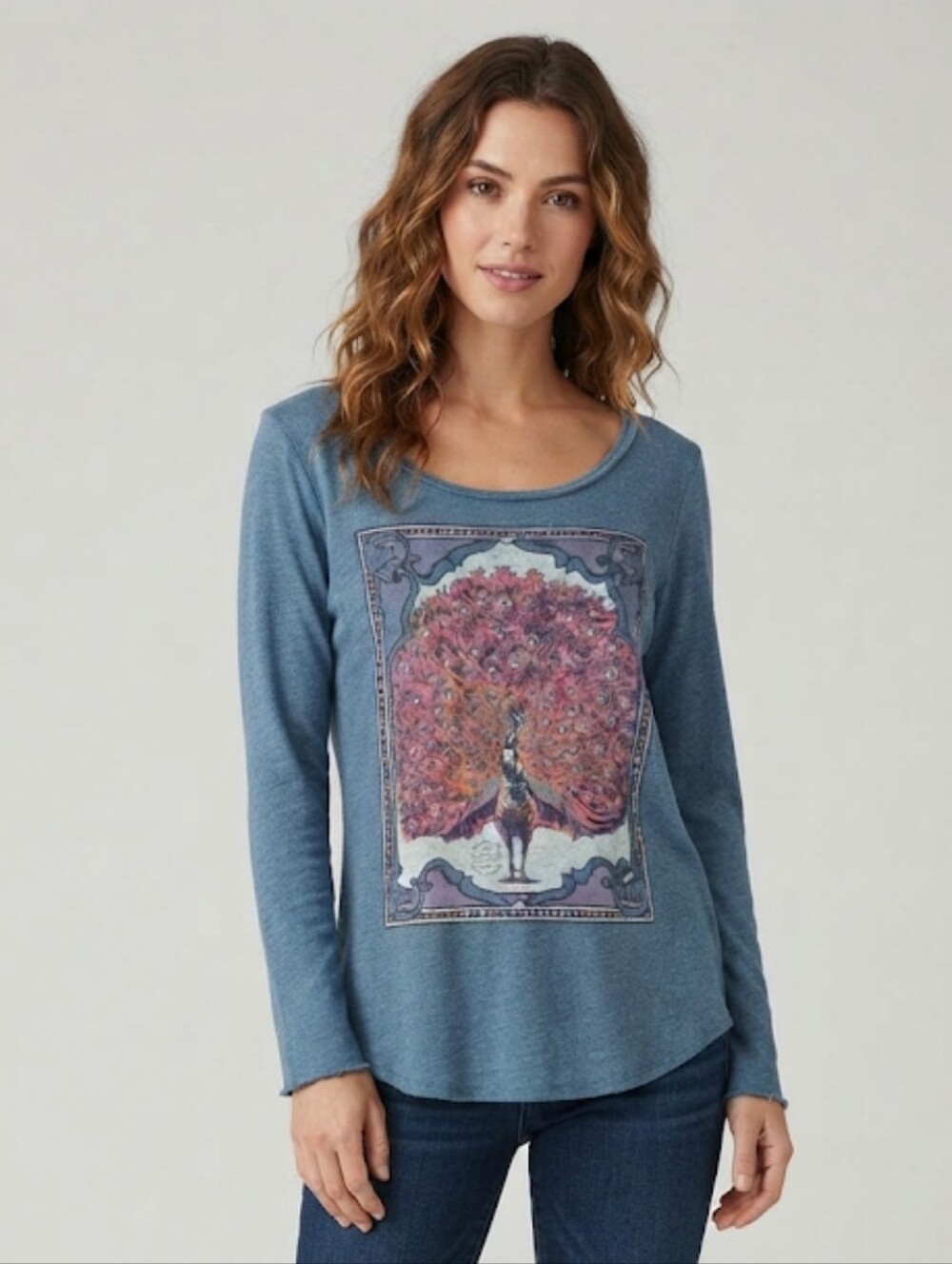 Lucky Brand Heather Blue Long Sleeve Pullover Peacock Print Top Size Small